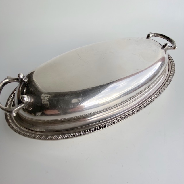 SERVING DISH, Silver Oval Rectangular w Ribbed Edge